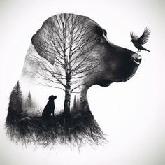 a black and white drawing of a dog looking at a tree with a bird flying over it