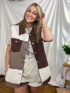 Sleeveless Brown Patch Denim Button Down Vest. *Matching Shorts Patch Denim, Brown Denim, Denim Patches, Denim Button Down, Down Vest, Keep Up, Button Downs, Boutique, Fashion Tips