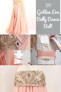 the different types of dresses are shown in this collage, including pink and gold