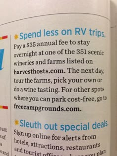 an open book with instructions on how to spend less on rv trips