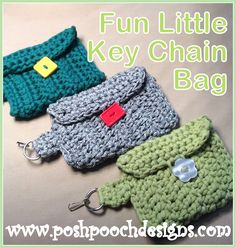 three crocheted purses are shown with the words fun little key chain bag