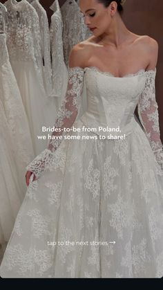 a woman in a white wedding dress looking at dresses on racks with the words, brides to be from poland, we have some news to share