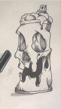 a pencil drawing of a skull in a jar with liquid coming out of it's mouth