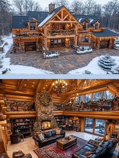 this is an image of a log home in the winter and after it has been decorated for christmas