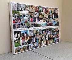 a large collage of photos is displayed on the wall