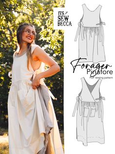 a woman wearing a white dress in front of trees with the text, free sewing pattern for