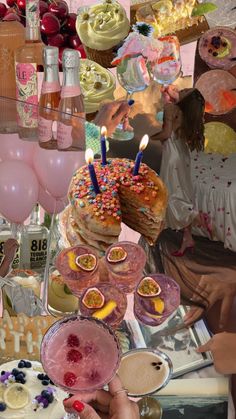 a collage of photos with cakes and balloons in the air, people holding candles