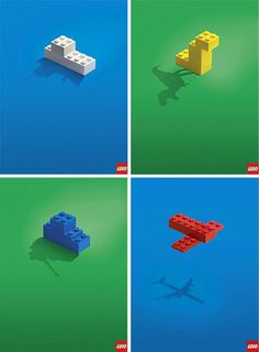 four different images of legos in various colors and sizes, each with an airplane flying over them