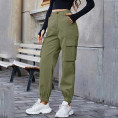 Mqtime Cargo pants for women high-waist loose casual trousers straight leg multi-pocket fashion women street outdoor sports pants Casual Full-length Cargo Pants With Comfort Waistband, Stretch Ankle-length Cargo Pants With Hip Pockets, Brown Full-length Cargo Pants With Pockets, Brown Cotton Ankle-length Cargo Pants, Solid Color Ankle-length Cargo Pants With Elastic Waistband, Pockets Fashion, Women Street, Green And Khaki, Cargo Pants Women