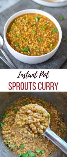 instant pot sprouts curry recipe in a white bowl with spoon and green garnish