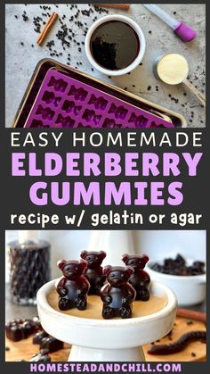 Supplies needed to make homemade elderberry gummies: a tray holding an empty gummy bear mold, with a small bowl of elderberry syrup next to it, along with some dried elderberries cinnamon sticks, a small dropper and measuring cup. The second image shows the finished elderberry gummy bears sitting up on a tray, with more elderberry gummy bears and worms in the background. Elderberry Gummy Recipe, Healthy Gummies, Elderberry Juice, Homemade Elderberry, Elderberry Recipes, Gummies Recipe, Elderberry Gummies, Elderberry Syrup, Herbal Recipes