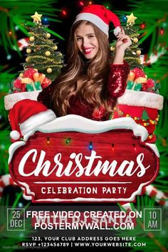 christmas celebration party flyer with a woman in santa hat