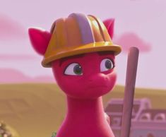 the pink pony is wearing a hard hat and holding a baseball bat in its hand