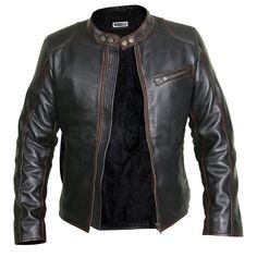 Elegant Black Cafe Racer Leather Jacket with Chocolate Lining - Leather Skin Shop Biker Style Long Sleeve Leather Jacket, Black Cafe Racer, Pink Biker Jacket, Racer Leather Jacket, Racer Jackets, Purple Leather Jacket, Cafe Racer Leather Jacket, Cafe Racer Jacket, Best Leather Jackets