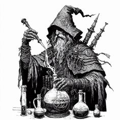 an old wizard with long hair and beard holding a pipe in his hand while standing next to three flasks