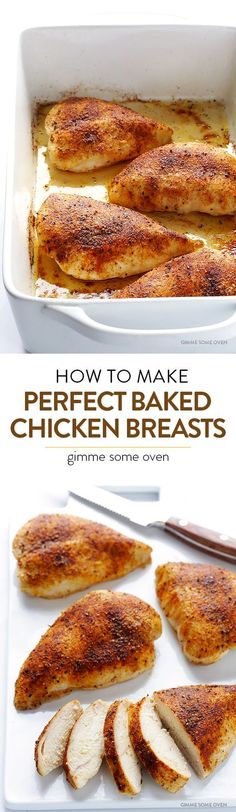 HOW TO MAKE THE PERFECT BAKED CHICKEN BREASTS! You'll never bake chicken breast another way! They're easy to make, perfectly tender, juicy and absolutely delicious! (I've used this recipe before and they're in the oven now! Timer's up!) Perfect Baked Chicken Breast, Perfect Baked Chicken, Baked Chicken Breasts, Ayam Bakar, Baked Chicken Breast, Fool Proof Recipes, Think Food, Homemade Food, Poultry Recipes