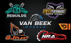 the logos for various vehicles are shown in different colors and sizes, including black background