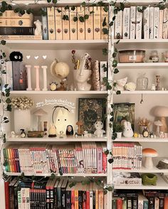 a bookshelf filled with lots of books next to a lamp and other items