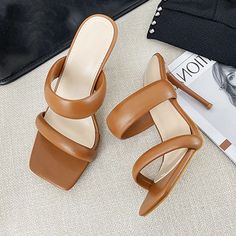 Chic Slide Heels With Padded Heel, Modern Heels With Padded Heel And Double Strap, Modern Double Strap Heels With Padded Heel, Fun Heels, Sandals Flat, Leather Slides, Stiletto Heel, Summer Shoes, Flat Sandals