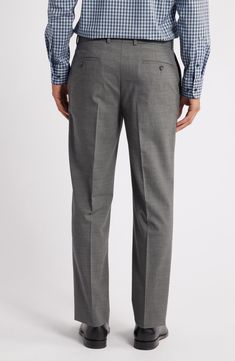 Smart and versatile, these dress pants tailored from polished wool feature a touch of stretch to keep you moving comfortably at any formal occasion. 36 1/2" inseam; 15" leg opening; 9 1/2" front rise; 15" back rise (size 30) Zip fly with hook-and-bar closure Front slant pockets 96% wool, 4% elastane Dry clean Imported Gray Stretch Pants For Formal Occasions, Fitted Gray Business Pants, Gray Fitted Pants For Business Casual, Classic Fitted Gray Pants, Gray Fitted Formal Bottoms, Fitted Gray Pants For Business Casual, Fitted Gray Formal Trousers, Fitted Gray Bottoms For Formal Occasions, Gray Wool Business Casual Pants