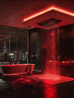 a bathroom with a red light on the ceiling and a bathtub in the middle