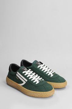 Sneakers in green suede, round toe, laces, logo on upper tongue, side patch logo, suede details, rubber sole, 100% velvet, made in Eu Green Suede Sporty High-top Sneakers, Green Suede Sporty Sneakers, Green Suede Lace-up Sneakers, Green Low-top Custom Sneakers With Contrast Sole, Green Leather High-top Sneakers With Gum Sole, Green Custom Low-top Sneakers With Contrast Sole, Green Suede Sneakers With Round Toe, Green Suede High-top Sneakers With Rubber Sole, Green Suede Sneakers For Streetwear