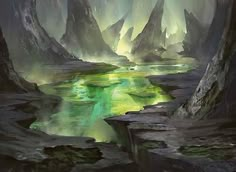 an alien landscape with green water surrounded by rocks and trees in the distance is lit up by bright lights