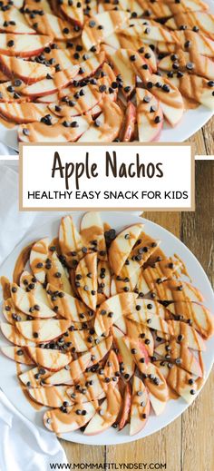 apple nachos on a white plate with caramel drizzle