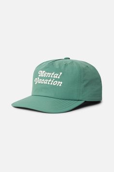 The Mental Vacation Hat is made from 100% nylon and features a retro type embroidery. 100% Nylon 5-panel hat Mid-crown unstructured Katin custom embroidery Snapback closure Retro Type, Vacation Hat, Surf Clothing, Stance Socks, Cut Clothes, 5 Panel Hat, Flat Heel Boots, Beanie Style, Hat Collection