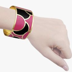 Two Tone Indian Bracelet Chic Adjustable Pink Bracelets, Chic Adjustable Pink Bracelet, Chic Pink Bracelets For Party, Black Enamel Bangle Bracelet, Pink Metal Bangle Bracelet, Pink Round Cuff Bracelet For Gifts, Adjustable Pink Metal Bangle, Pink Enamel Jewelry For Party, Pink Enamel Party Jewelry