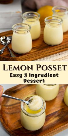 lemon posset 3 ingredient dessert in small glass jars on a wooden tray with spoons