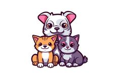 two cats and a dog are sitting next to each other on a white background illustration