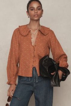 Shop the The Keira Collared Button-Front Blouse by Pilcro: Long-Sleeve Edition and more at Anthropologie today. Read customer reviews, discover product details and more. Dress Gift, Puffed Sleeves, Boho Blouses, Pan Collar, Premium Denim, Peter Pan, New Outfits, Womens Clothing Tops, Effortless Style