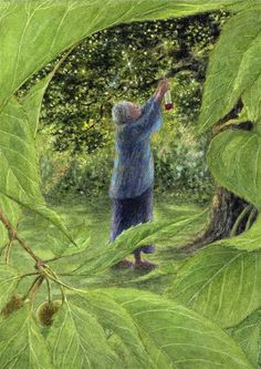 a painting of a person reaching up into the air to pick something from a tree