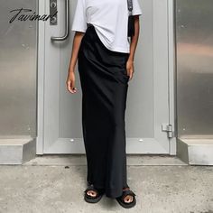 Tavimart summer long satin skirt women zipper clourse maxi skirt streetwear slim fit skirt sexy women skirt party Y2k skirt