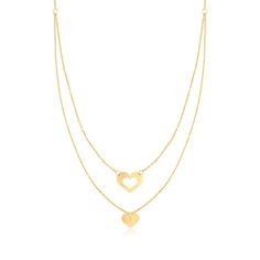 Ross-Simons - Italian 14kt Yellow Gold Double-Heart Layered Necklace. 16". RS Pure. Create the perfect layered look with this delicate, modern necklace. Crafted in Italy, this dainty necklace features heart designs on two simple 14kt yellow gold cable chains. Wear it with all your favorite contemporary jewelry to complete any outfit. Polished finish. Lobster clasp, 14kt yellow gold double-heart layered necklace. Yellow Gold Double Strand Necklace For Anniversary, Modern Yellow Gold Heart Pendant Necklace, Double Strand 14k Gold Necklace For Layering, 14k Gold Double Heart Necklace For Formal Occasions, 14k Gold Double Heart Necklaces For Formal Occasions, Formal 14k Gold Double Heart Necklace, Elegant Layered Yellow Gold Jewelry, Elegant Double Strand Yellow Gold Charm Necklaces, Elegant Yellow Gold Double Heart Necklace