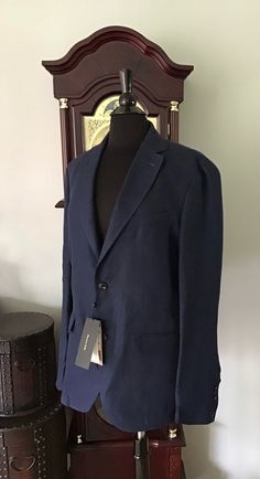 "Authentic Massimo Dutti  Extra Fine Linen Outstanding quality  Notched Lapel  2 Button closure  2 Flap pockets-still sewn  1 Chest pocket- still sewn 3 Button Cuff  Double Vent 2 Interior pockets  Partially Lined  Brand new with Tags  Priced at $249 Size-40 Business casual  Navy blue  Measurements: 29.5\" L Back 26\" Sleeve 18.5\" Shoulder  See all photographs (click and expand) as they are part of the description. Note measurements before purchase. No returns" Casual Suits With Notch Lapel And Button Closure, Casual Slim Fit Suit With Notch Lapel, Casual Slim Fit Single-breasted Suit, Casual Semi-formal Sport Coat With Single Button, Casual Slim Fit Single Breasted Suit, Casual Suit With Notch Lapel And Welt Pockets, Casual Suits With Notch Lapel And Welt Pockets, Casual Tailored Suit With Lapel Collar, Casual Suits With Button Closure And Flat Front