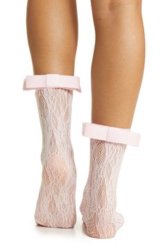 A neat bow trims the back of stretchy lace socks that are meant to be seen. Nylon/spandex Hand wash, dry flat Imported Spring Party Socks With Bow, Spring Party Lace Hosiery, Lace Sock, Liquid Satin, Style Guru, Designer High Heels, Lace Socks, Artisan Gift, Mens Jewelry Bracelet