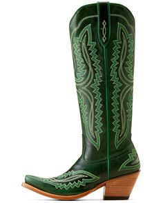 Full-grain leather upper. ATS technology provides ergonomic support on uneven terrain. Resoleable Goodyear leather welt construction. Mexican Boots For Women, Green Western Boots With Pointed Toe, Womens Cowgirl Boots Green, Green Leather Western Boots, Ariat Cactus Shoes, Mexican Boots, Womens Cowboy Boots Teal, Tall Western Boot, Womens Cowgirl Boots