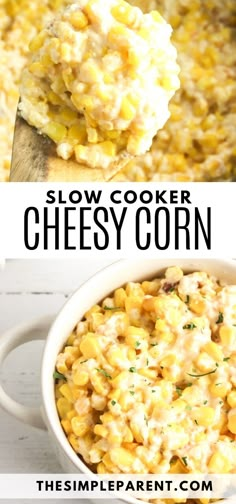 the recipe for this slow cooker cheesy corn casserole is easy to make