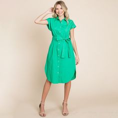 "Features: Short Sleeve, Button Down, Waist Tie, Collared, Knee Length, Cotton Material, Shirt Dress, curved hem, 2 Side Pockets Model is 5'7\"(32B 24 34) wearing Small- Front Length 43 Bust 40 Shirt Dress, Dresses, Dress for women, casual dress, work dresses, cotton dress, collared dress, midi dress, mini dress, Short Sleeve dress" Cotton Poplin Dress, Cotton Shirt Dress, Poplin Dress, Pocket Shirt, Midi Length Dress, Collar Dress, Waist Tie, Cotton Dresses, Green Dress