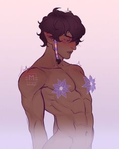 a drawing of a shirtless man with flowers on his chest and ear piercings