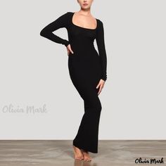 Olivia Mark - Womens Long Sleeve Solid Color Bodycon Dress for Home and Casual Wear Fitted Solid Maxi Length Bodycon Dress, Sleek Black Maxi Dress For Fall, Fitted Black Full Length Maxi Dress, Full Length Black Maxi Dress For Fall, Black Full Length Maxi Dress For Fall, Black Maxi Length Bodycon Dress, Fitted Black Casual Maxi Dress, Chic Black Fitted Maxi Dress, Fitted Black Maxi Dress For Night Out