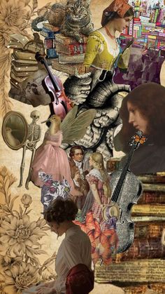 a collage of various images including a violin, books and other things in the background