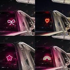 four different images of the inside of a car with lights and symbols on it's windows