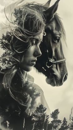 a woman with her hair blowing in the wind next to a horse's head