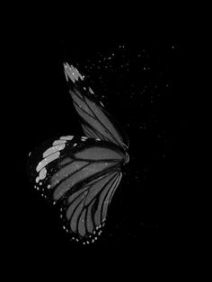 a black and white photo of a butterfly flying in the night sky with stars on its wings