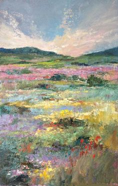 an oil painting of flowers and hills in the distance