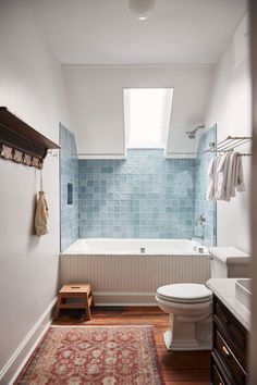 a white toilet sitting next to a bath tub in a bathroom under a skylight