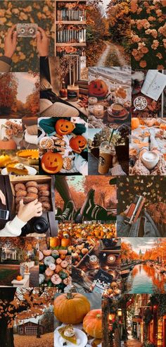 a collage of photos with pumpkins and flowers